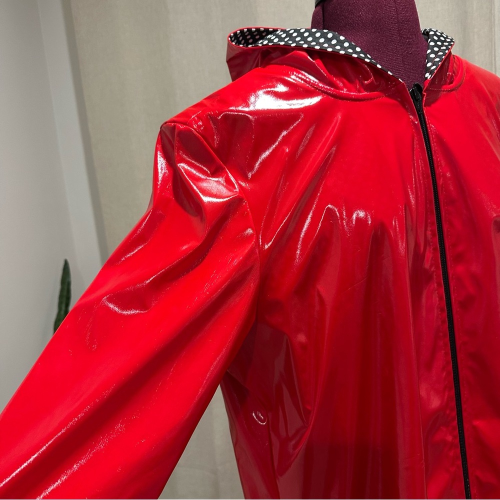 Vibrant Red Hooded Raincoat with Polka Dot Lining woman’s medium - Picture 3 of 10